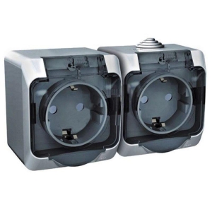 Розетка 2-м ОП серая 16 А, с з/к, с прозр. крышкой, з/ш, IP44 Schneider Electric Этюд